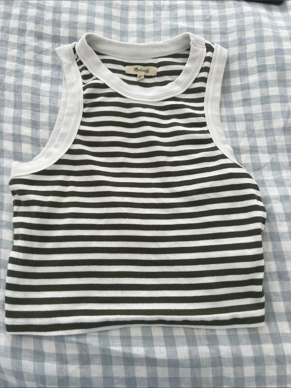 Madewell Striped Cropped Tank Top — Olive & White